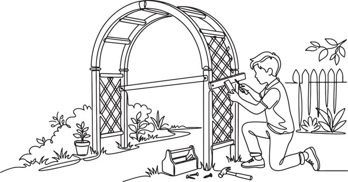 man building garden trellis with tools