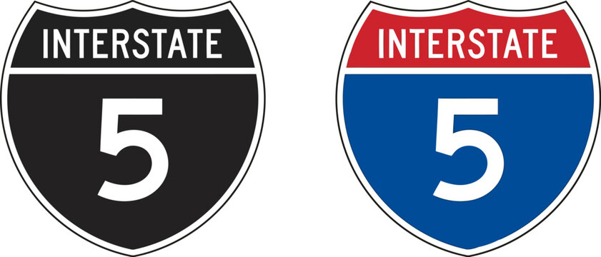 Interstate 5 highway sign, black and white and standard red, white and blue versions
