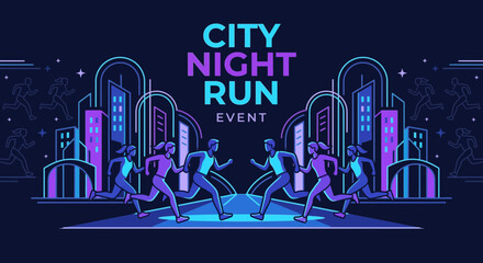 Obraz premium City Night Run Event With Neon Urban Skylines And Running Silhouettes