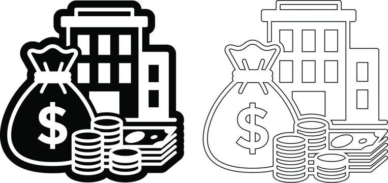 Finance and business investment vector icon set with money bag and bank building business investment currency financial accounting corporate transaction