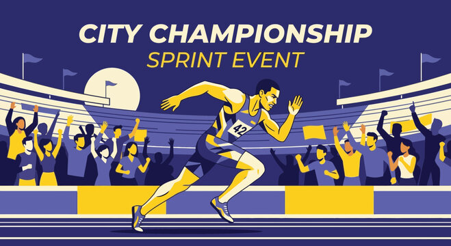 City Championship Sprint Event Athlete Running Stadium Crowd Cheering Victory Celebration