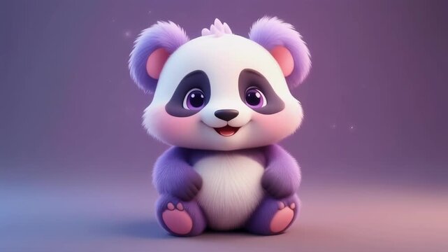 Cute animated panda sitting in soft purple studio light with subtle sparkle effects