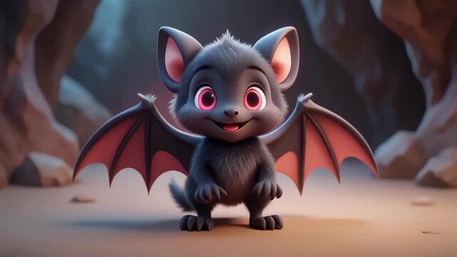Cute baby bat with large wings standing happily in a dark cave during twilight with soft ambient light