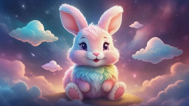 Cute baby bunny sitting in dreamy pastel clouds with starry sky during twilight