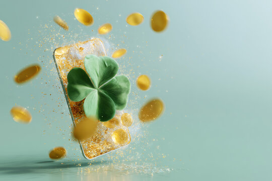A golden smartphone with a green clover on screen is floating in the air surrounded by flying golden coins and glittering dust, symbolizing luck and fortune.