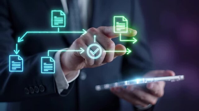 Businessman in a suit uses a tablet to manage a digital document workflow. Automated process connects files through approval diagram with checkmark verification and a warning alert for efficient