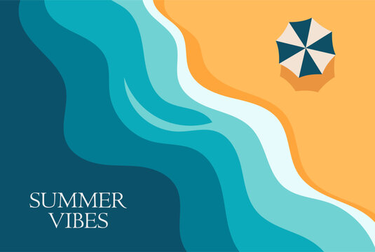 Beach background top view with sea waves and umbrella for summer