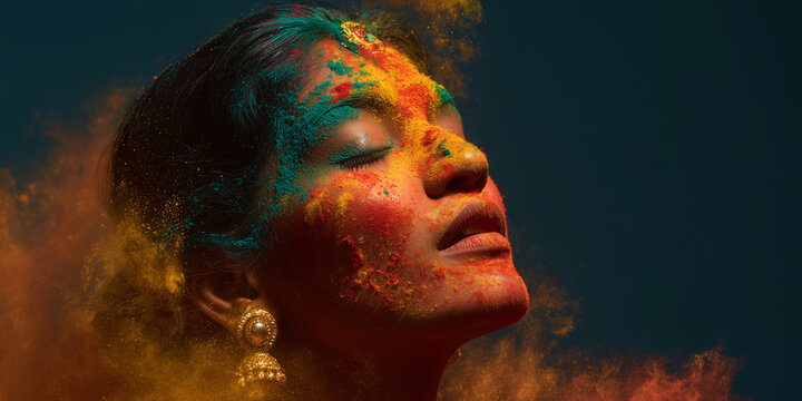 A woman with her eyes closed, face covered in vibrant colored powder. The powder is exploding around her head, creating a dynamic and artistic effect. It evokes a sense of joy, celebration.