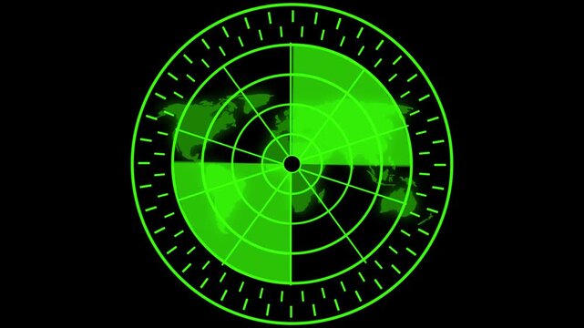 Radar screen displays moving target with green sweep across black background in three frames video detection motion tracking military technology