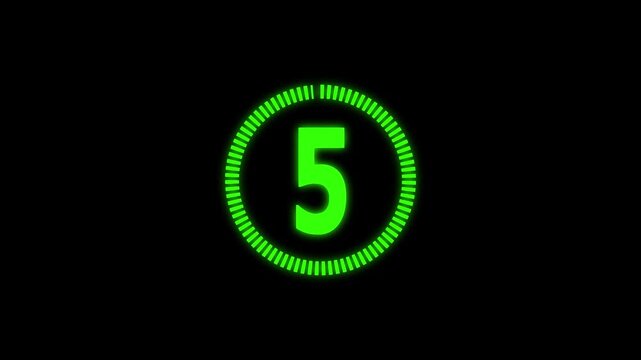 Countdown timer displaying zero to five seconds on black background stock footage clip video three digital time clock numbers green