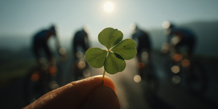 A hand holds a lucky four-leaf clover in the foreground, with a group of cyclists blurred in the background under a bright sun.