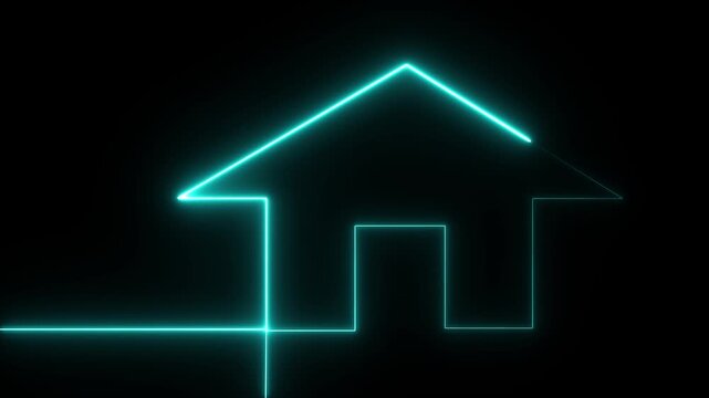 Neon glowing house shapes progressing in size a digital illustration on black background shape outline home silhouette vector graphic light