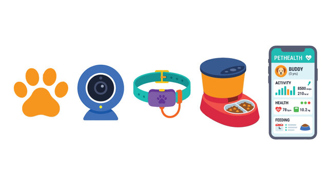 Digital vector illustration set showing modern smart pet care technology including a tracker collar camera feeder and mobile application dashboard