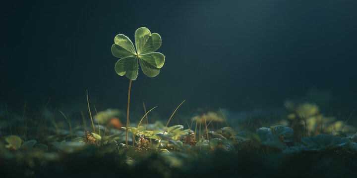 A single four-leaf clover illuminated by a soft light, symbolizing good luck and new beginnings in a dark, mystical setting