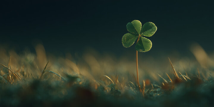 A single four-leaf clover standing tall in a field of grass, bathed in the warm light of dawn. Its vibrant green leaves symbolize good luck and hope