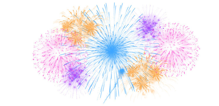 Vibrant pink blue and orange firework bursts isolated on checkered transparent background for design projects.