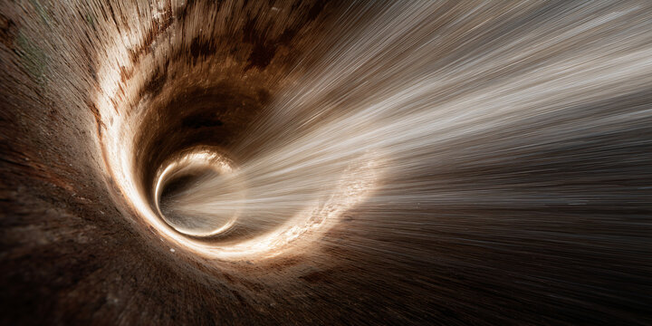 A swirling vortex of light and cosmic dust, depicting a conceptual representation of a black hole's gravitational pull. The scene evokes a sense of mystery and the vastness of the universe