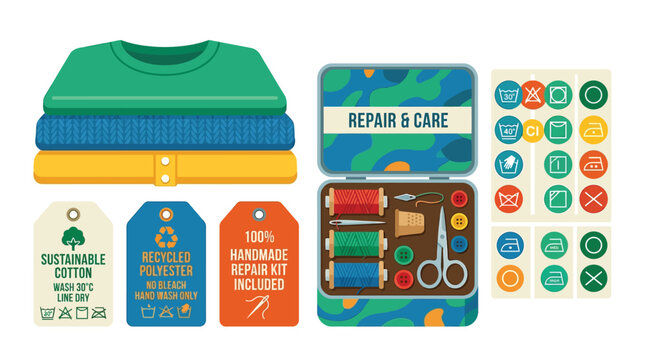 Vector illustration of a folded clothing stack with a repair kit and various garment textile care laundry instruction icons