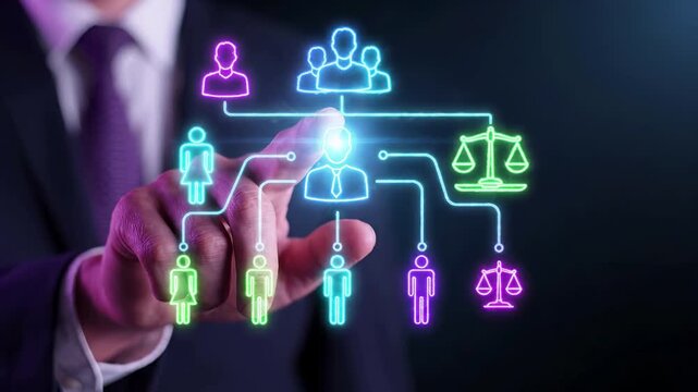 Businessman touching a digital hierarchy structure of organization with connected people, managers and employees. Corporate management, leadership, human resources, teamwork and workforce network