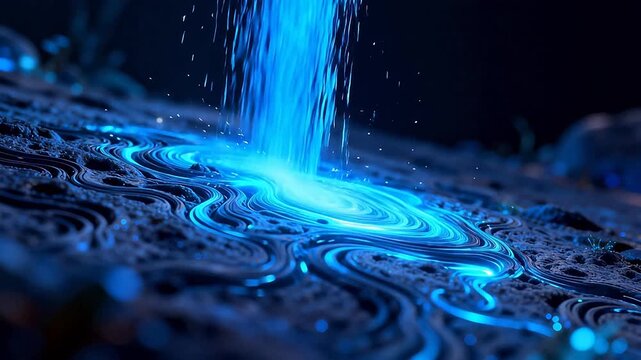 Blue glowing liquid flow on textured surface