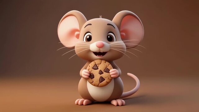 Cute cartoon mouse holding a cookie with cinematic motion and soft lighting