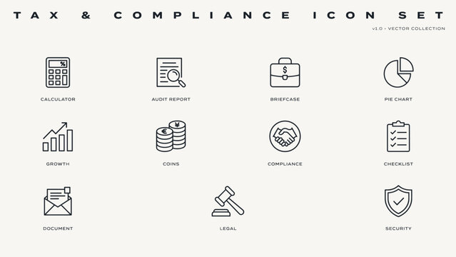 Monochrome linear tax advisor and audit icons &ndash; Perfect for executive accounting summaries, corporate finance reports, or consulting brochures.