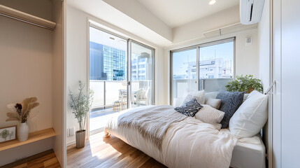 Fototapeta premium Modern Japanese Apartment Bedroom with Natural Light and Minimalist Design Details