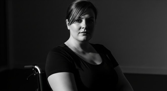 Dramatic black and white studio portrait of confident young Caucasian woman in wheelchair looking directly at camera dark background