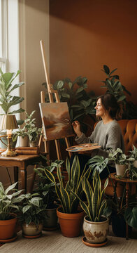 Smiling woman sitting in armchair painting on easel surrounded by lush houseplants in warm terracotta interior with natural window light