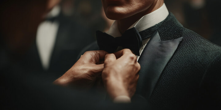 A man in a tuxedo adjusting his bowtie, preparing for a formal event. The scene exudes elegance and sophistication, hinting at a gala or a special occasion