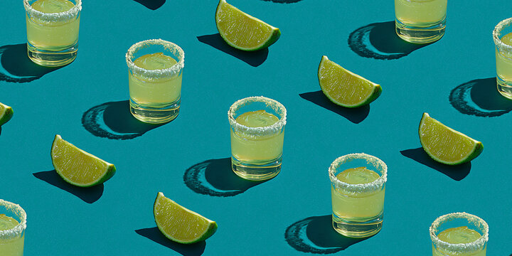 Tequila shots with lime and salt rim, pattern on a teal background, ready for a party