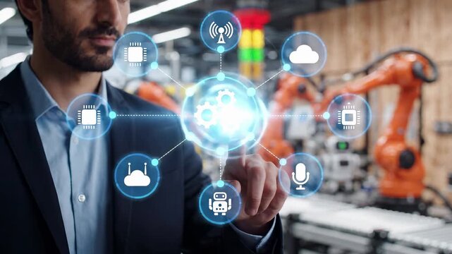 Engineer touching a digital interface with connected icons in a smart automated factory. Robotic arm and industrial machinery in the background support modern manufacturing, network technology, cloud