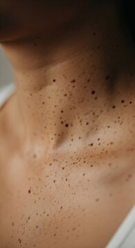 Close up neck skin with many freckles and moles, dermatology detail texture, natural female body beauty