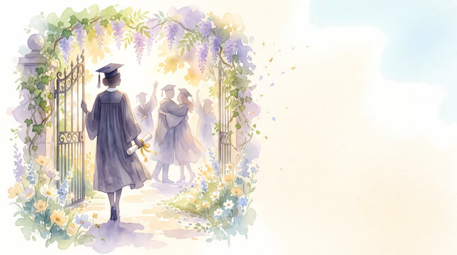 Watercolor Graduate Passing Campus Garden Gate With Copy Space
