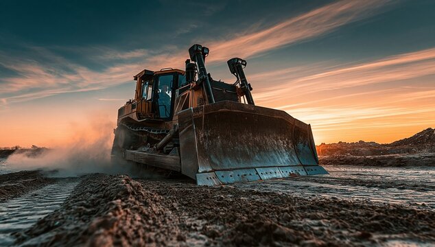Bulldozer pushing earth on construction site at sunset