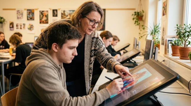 Student using digital drawing tablet with teacher in studio.