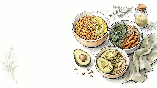 Plant Based Meal Prep Bowls With Ink Wash Copy Space