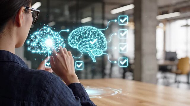 Woman interacts with a interface that connects a glowing brain and cloud network. Artificial intelligence and machine learning process data with verified checkmarks, symbolizing smart automation