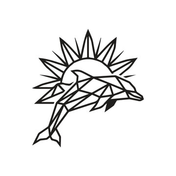 Geometric dolphin leaping under rising sun vector graphic illustration