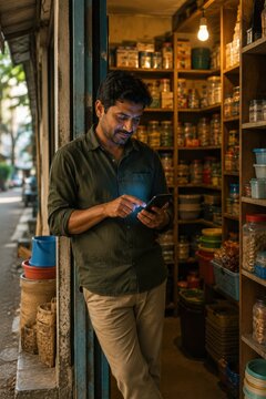 Marketplace Seller Comparing Stock on Phone in Urban Shop Doorway