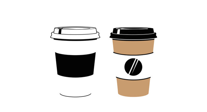 Two disposable coffee cups with lids contrasting colors isolated silhouette beverage drink container paper lid