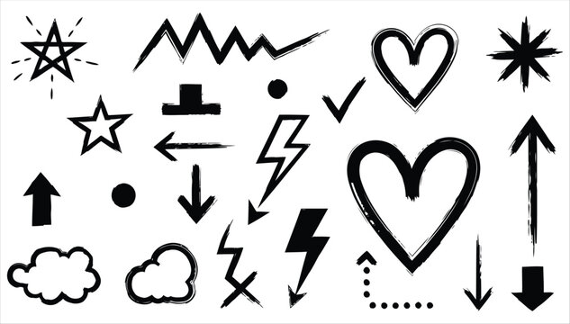Hand Drawn Doodle Elements Set Featuring Hearts Stars Arrows and Lightning Bolts in Black Ink Style