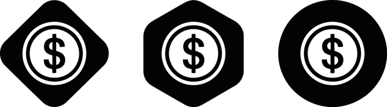 Set of dollar coin icons in diamond, hexagon, and circle shapes