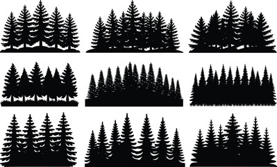 Nine forest pine tree silhouettes set for panoramic wilderness landscape design graphics © MstRina