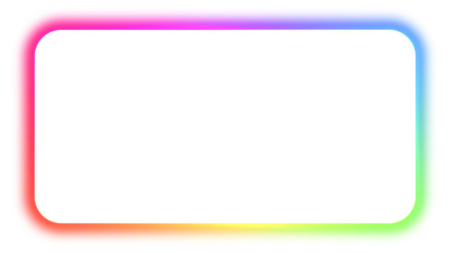 Abstract gradient neon rectangle frame isolated on transparent, vibrant rainbow color LED sign for design, multicolored laser light spectrum presentation, empty futuristic glowing line illustration