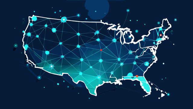 Digital network map of the united states with interconnected nodes and lines