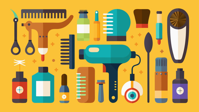 Flat vector illustration of professional hairdressing and barber shop tools set