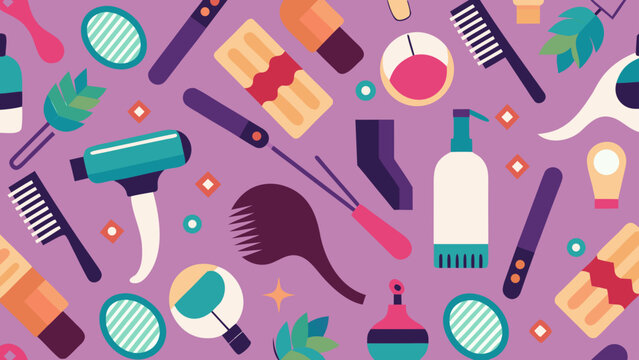 Seamless pattern with various hair care and beauty salon tools on purple background