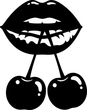 Black and white vector illustration of female lips biting cherries, isolated on white background