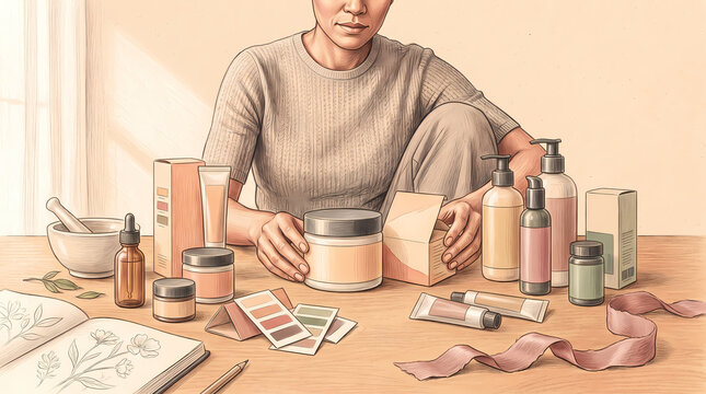 Beauty Founder Arranging Refillable Skincare Packaging